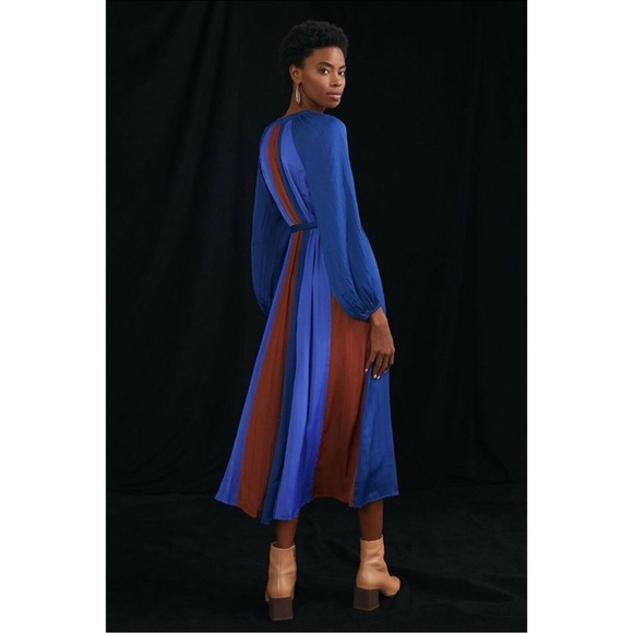 NWT Anthropologie Colorblocked Midi Dress M Blue $170 Button Front Satin - Picture 4 of 4